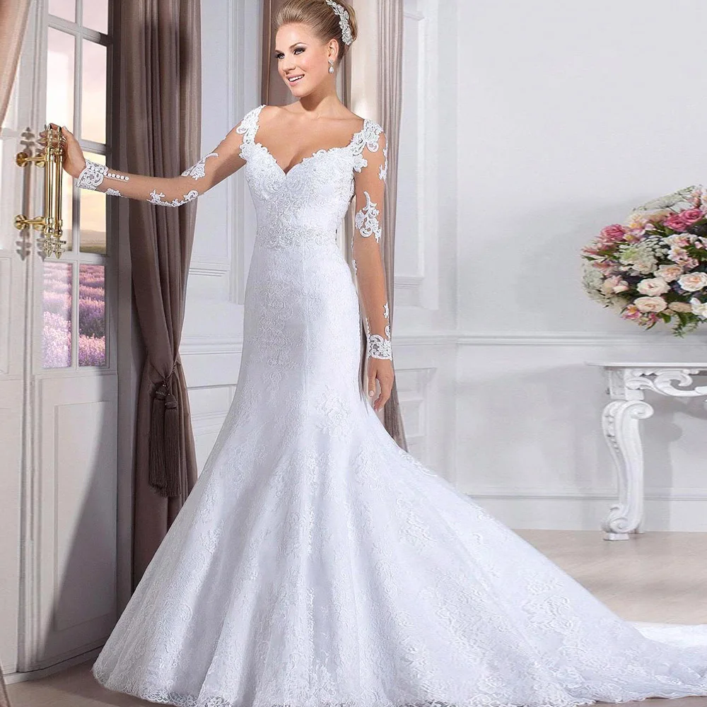 

Sweetheart Lace Appliques Slim Mermaid Long Sleeves Wedding Dresses Natural Waistline Bridal Gowns Custom Made
