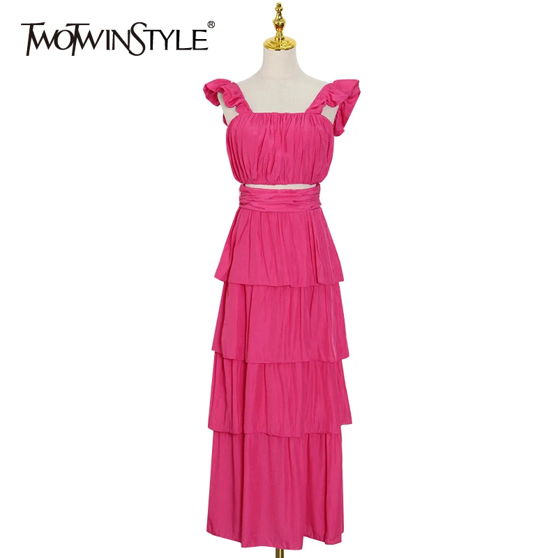 

TWOTWINSTYLE Ruched Two Piece Set For Women Square Collar Flying Sleeve Top High Waist Ruffles Skirt Casual Sets Female 2022 New