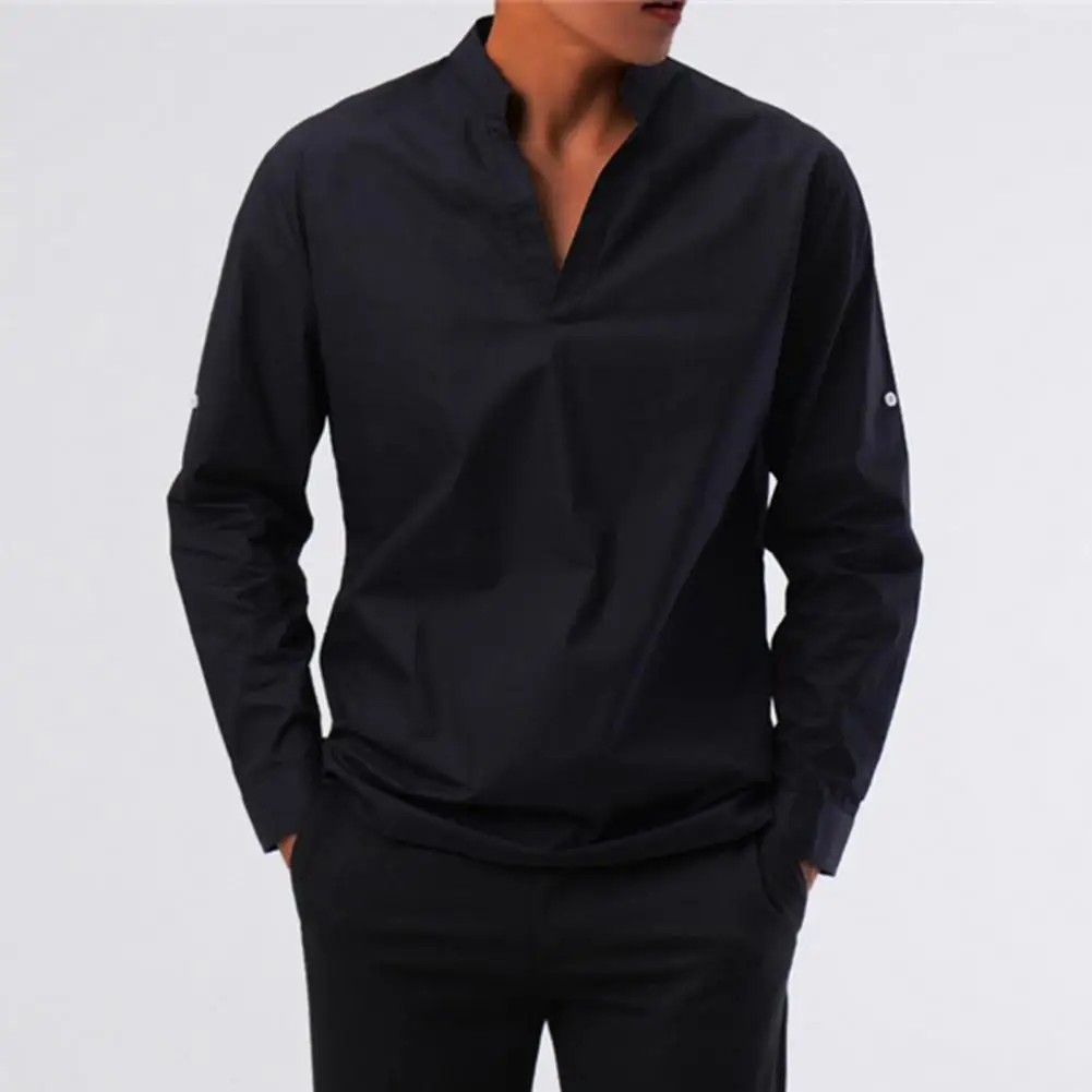 

Рубашка мужская с длинным рукавом, модная сорочка с V-образным вырезом, однотонная повседневная с воротником-стойкой, уличная одежда