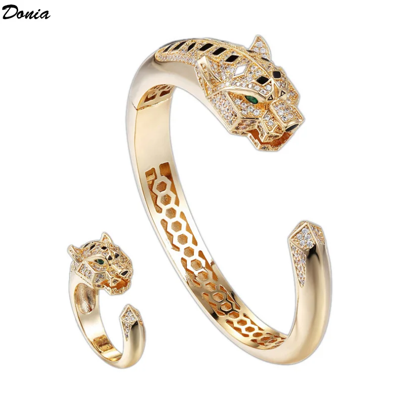 

Europe And The United States Domineering Leopard Titanium Micro-Inlaid AAA Zircon Ring Men And Women Set Luxury Open Bracelet.