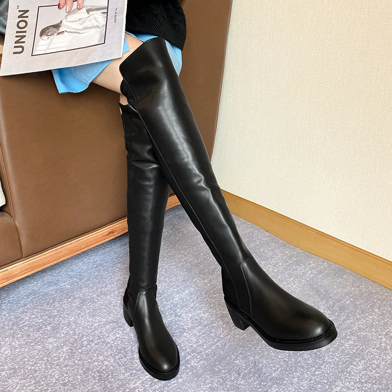 

Черные женские обтягивающие Сапоги выше колена из натуральной кожи, зимние сапоги для верховой езды, сапоги стрейч на молнии, женская обувь ...