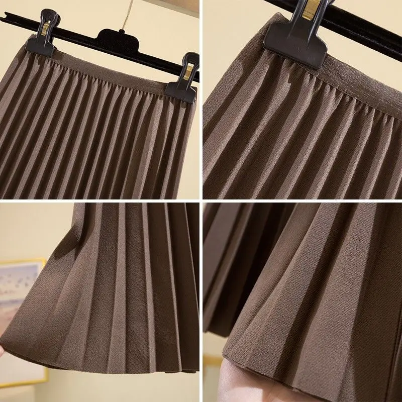 

New high waist pleated skirt women's autumn and winter versatile skirt medium length swing skirt shows thin cover hip black