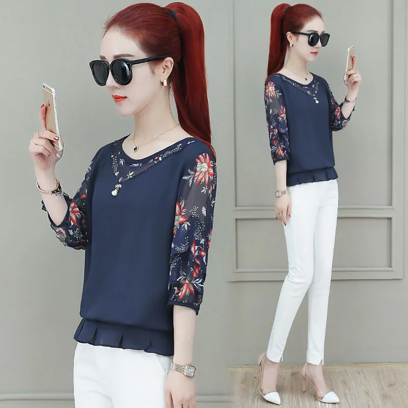 Women Spring Summer Style Chiffon Blouses Shirts Lady Casual Half Sleeve Patchwork Blusas Tops DF2839 | Женская одежда