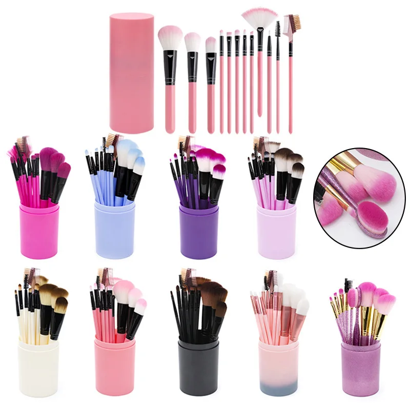 

Private Label Custom Logo 12 PCS Makeup Brush Set With Barrel Portable Full Set Of Beauty Tools Eyeshadow Lip Eyebrow Brush