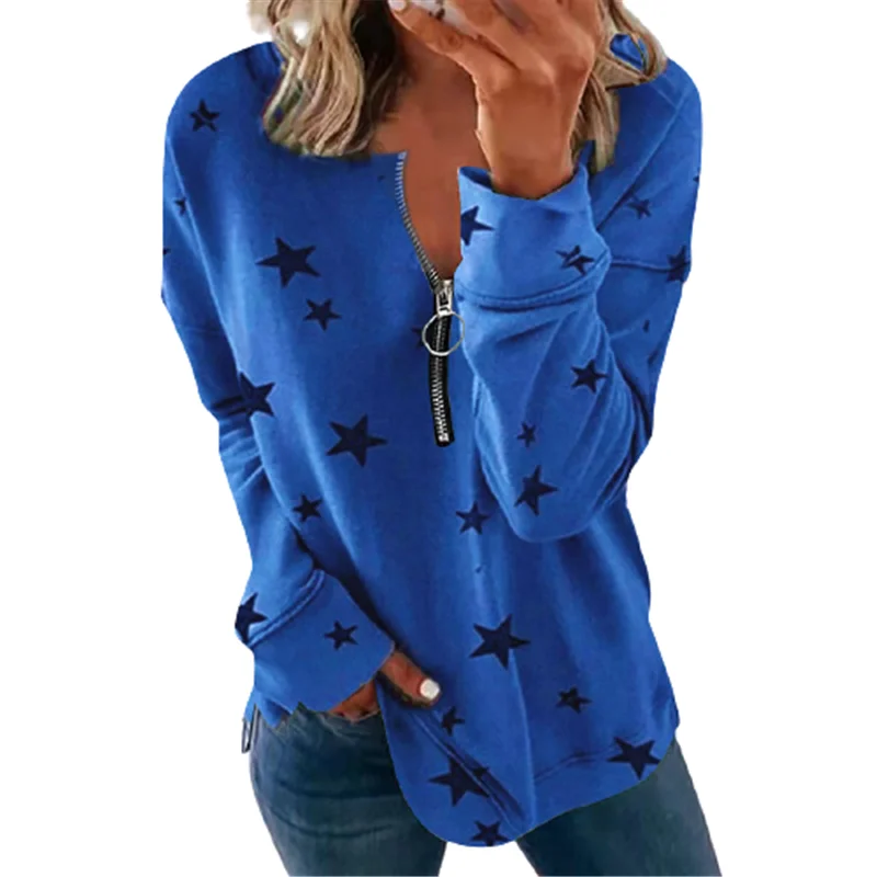 

Fashion Zipper V-neck Star Print Women's T shirt Autumn Winter Clothing Loose Casual Long Sleeve Tee Shirt Pullovers Female Tops