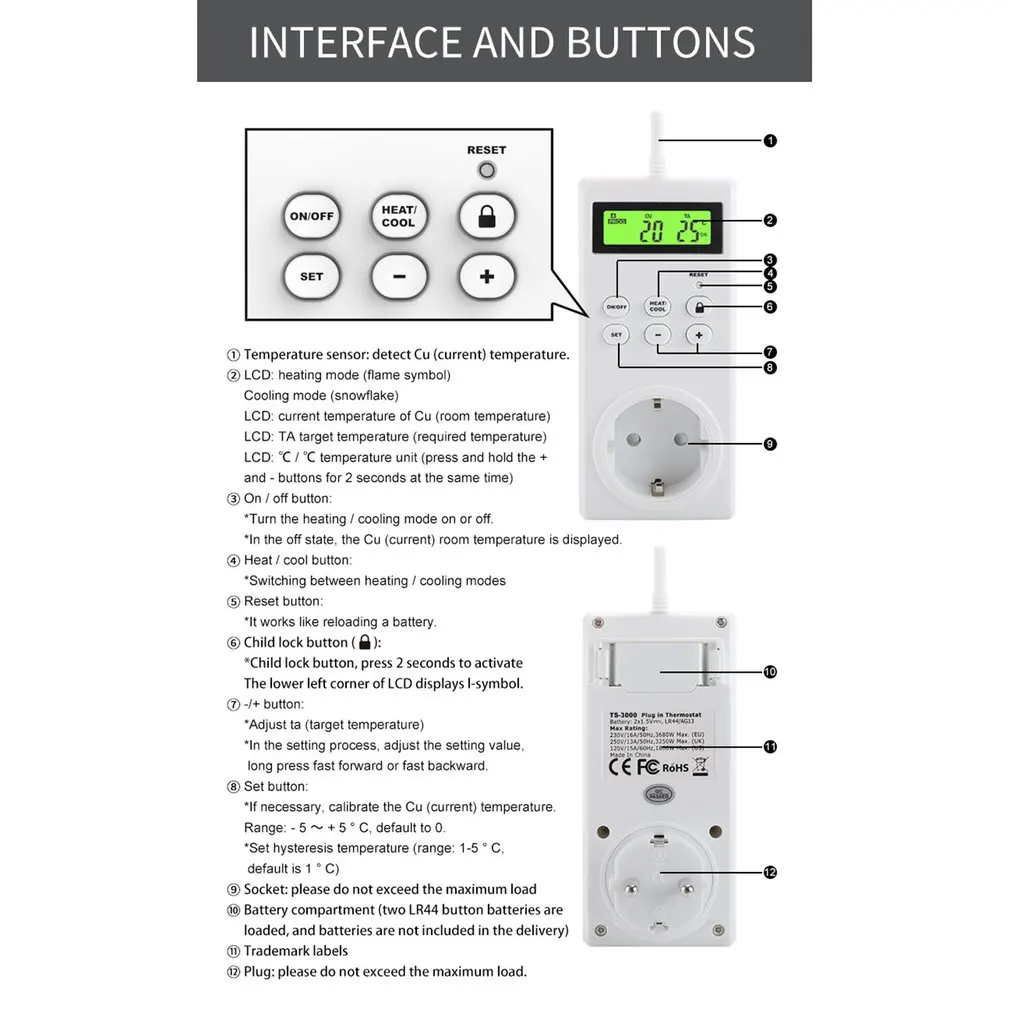 

Wireless Programmable Thermostat Plug Heating And Cooling With Safety Lock Backlight LCD Display Temperature Controller