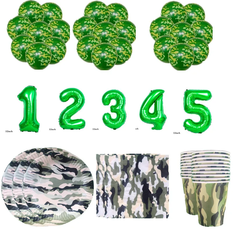 

Green Camouflage Tableware Latex Balloon Prop Numbe Flag Army Military Theme Party Decor Birthday Tank Ball Baby Shower Supplies