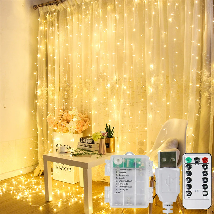 

3X3M 300LED USB/AA Battery Powered Icicle Curtain Fairy Light Tring With Remote Wedding Christmas Window Fairy Garland