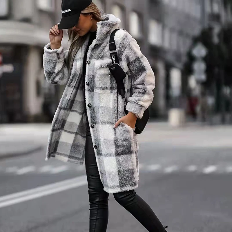 

Женская винтажная куртка на пуговицах, с отложным воротником, теплая пушистая верхняя одежда на осень и зиму, Модные свободные топы с длинны...