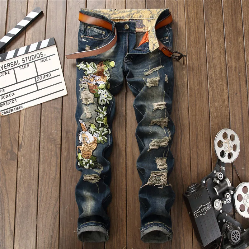 European/American Style Men's Retro Blue Straight-Leg Jeans Fashion Casual Slim-Fit Embroidered Tiger Skinny Scratch Hole Jeans