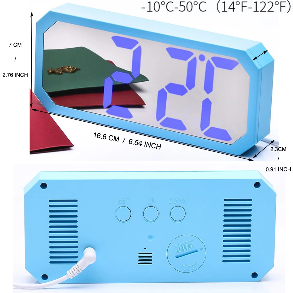 

Digital Red Green LED Mirror Clock Alarm with Temperature Thermometer and Calendar for Kids Children Bedroom.Home Office Decor