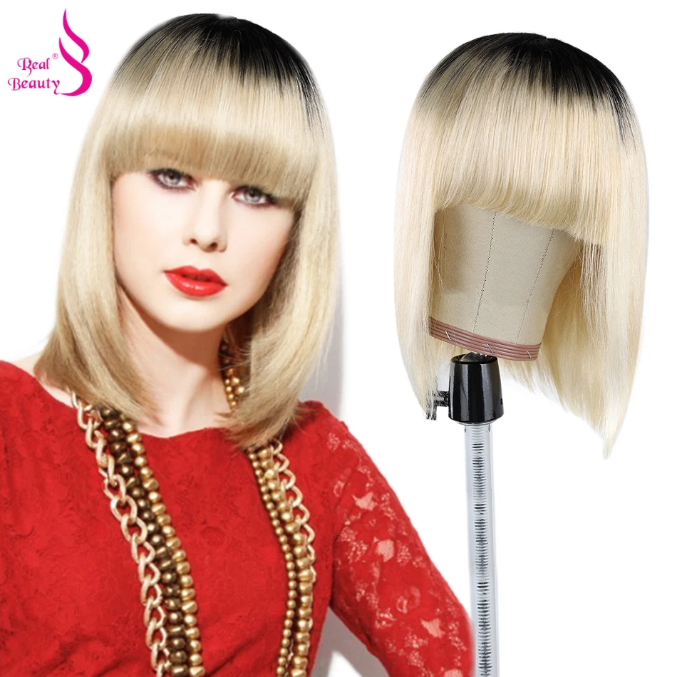Real Beauty Short Human Hair Wigs Bob Wig Remy With Bangs Ombre Blonde Blue Purple Straight | Шиньоны и парики