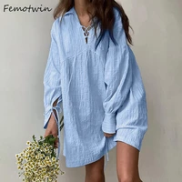 femotwin casual loose dress for women chic long sleeve rope sexy mini dress fashion bowknot folds autumn summer shirt dress 2021