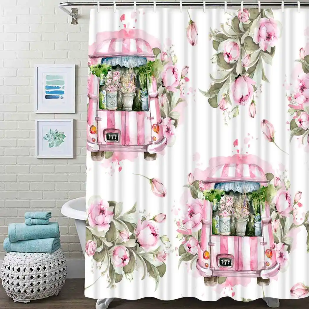 

Truck Flower Shower Curtain Bouquet Pink Rose Shower Curtain Waterproof Fabric For Bathroom Decor Shower Curtains Set With Hooks
