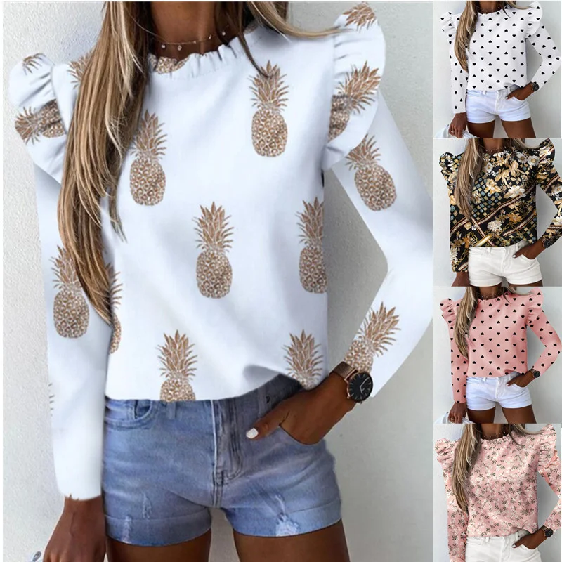

2021long Sleeve Round Neck Pineapple Print Women's Shirt with Ruffle in Autumn and Winter