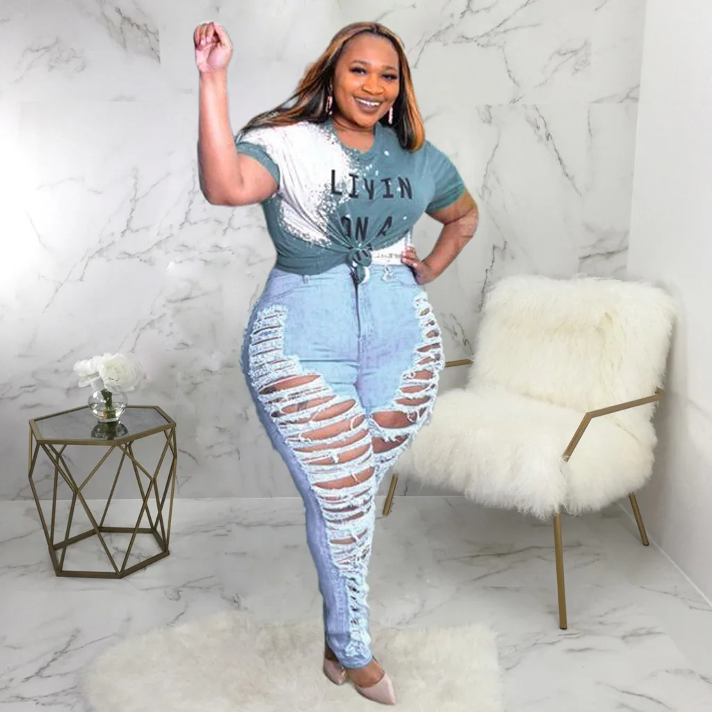 slim oversized women's personalized perforated stretch denim Leggings