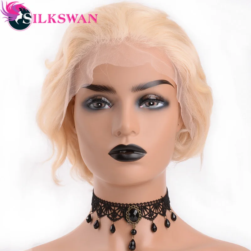 Silkswan волосы короткие Pixie срезанные Парики 150 плотность#613 блонд цвет для женщин натуральные 13*4 человеческие волосы парики бразильские волосы remy