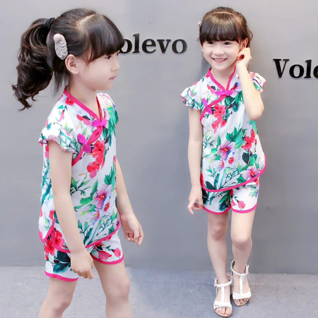 Одежда для маленьких девочек топы с цветочным принтом футболка шорты рукав