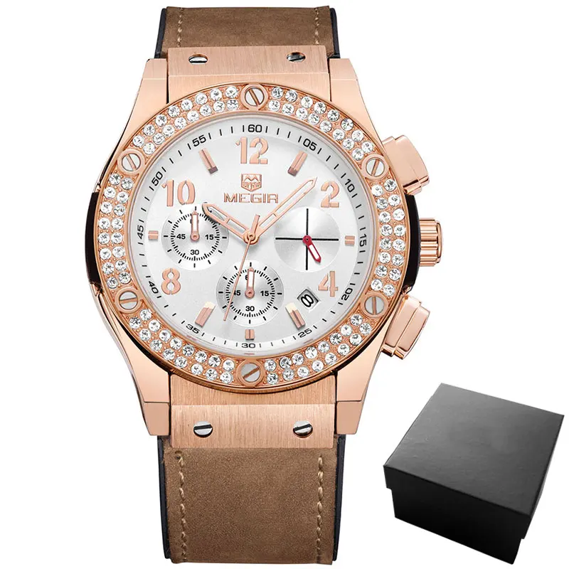 ML2034M-Rose Megir Роскошные брендовые дизайнерские женские часы, женские золотые кожаные часы с силиконовым браслетом, стразы с кристаллами и бриллиантами, кварцевые часы для женщин - Цвет: ML2034M-Rose