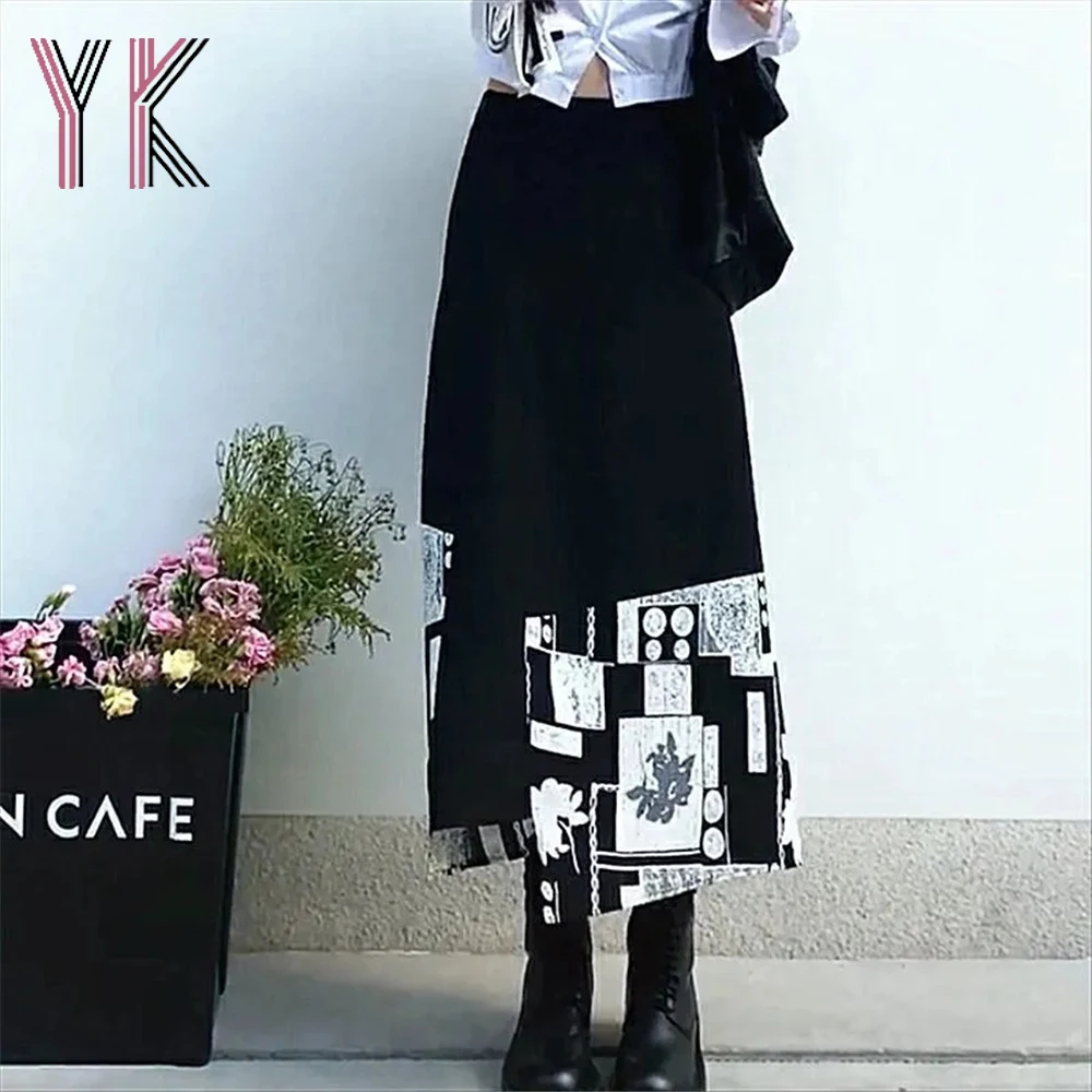 

Gothic Irregular Stitching Print Long Skirts Punk High Waist Black Dark Academia Skirt Aesthetic Korean Fashion Casual 2021 Saia