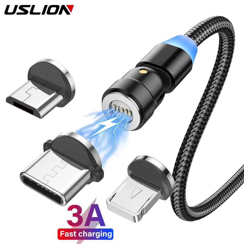 

USLION 540 Rotate Magnetic Cable 3A Fast Charging Type C Micro USB C Magnet Charger For iPhone 11 12 Xiaomi Huawei Wire Cord