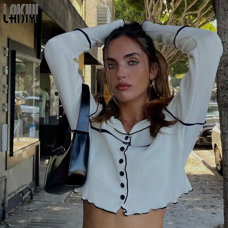 

Повседневный Женский вязаный свитер, однобортное белое Укороченное пальто с оборками, Однотонная футболка, Женский трикотажный топ, зима ...