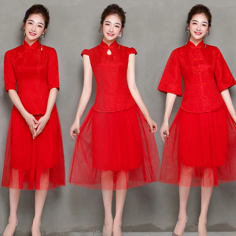 2 шт./компл. элегантные Чай-длина Винтаж традиционный Cheongsam красные платья для