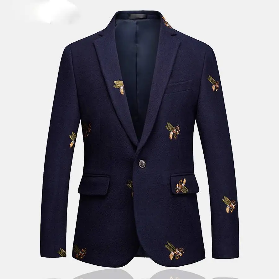 Men Vip high-quality brand suit jacket fashion Navy Blue with Bee Embroidery Smart Casual Slim Fit Men Blazer business mens top