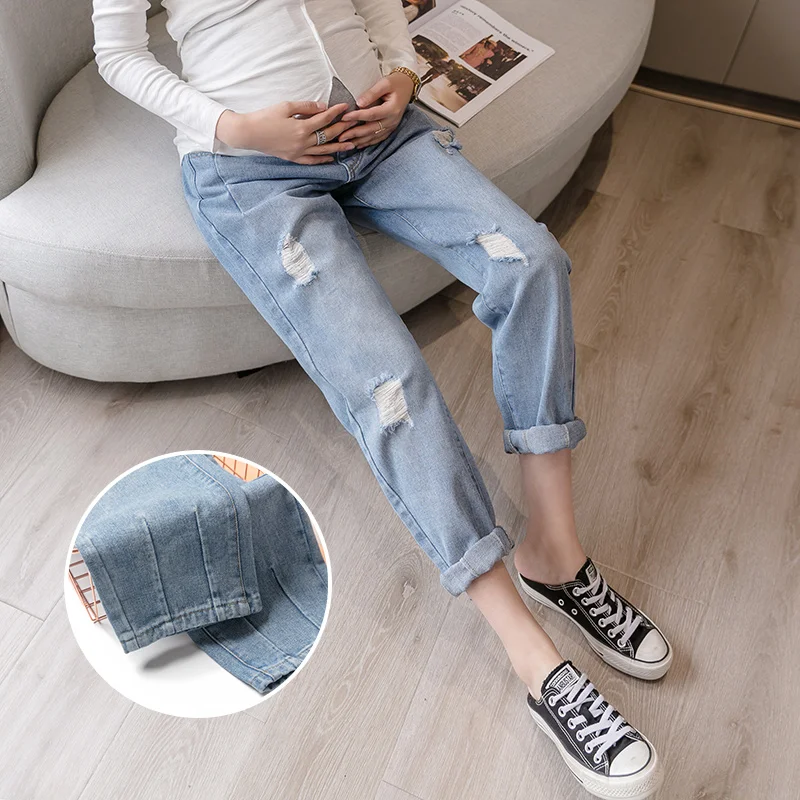 

5501# Spring Autumn Ripped Hole Denim Maternity Straight Jeans Belly Loose Pants Clothes for Pregnant Women Casual Pregnancy