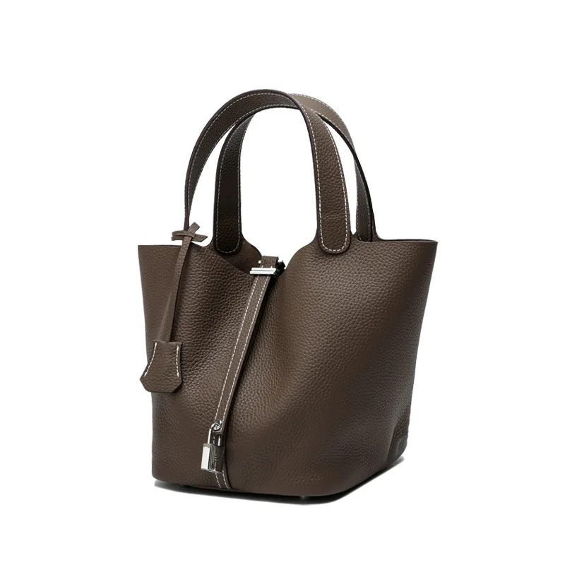 

2021 New Genuine Leather vegetable basket women's bag soft cow leather litchi pattern bucket bag handle mother bag