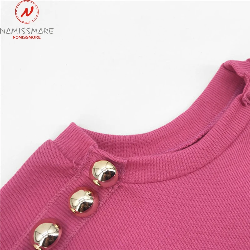 

Elegant Women Autumn Winter Knitted T-Shirts Button Decor O-Neck Long Sleeve Solid Slim Pullovers Top for Office Streetwear