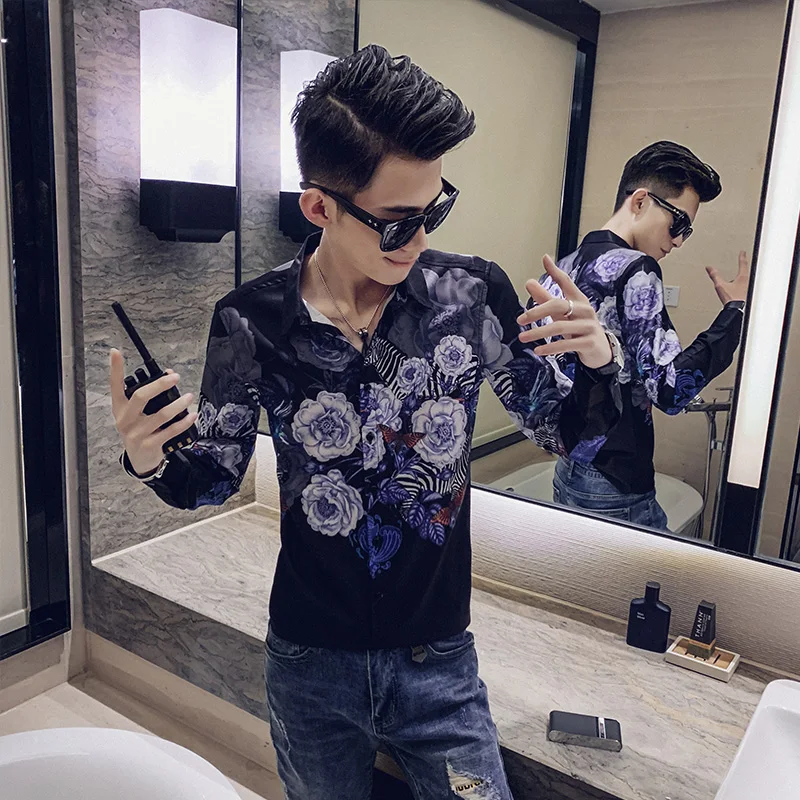 Camisa Masculina цифровой принт мужские рубашки с длинным рукавом Осень мужские рубашки с цветочным узором повседневные приталенные рубашки для ночного клуба homme 3XL