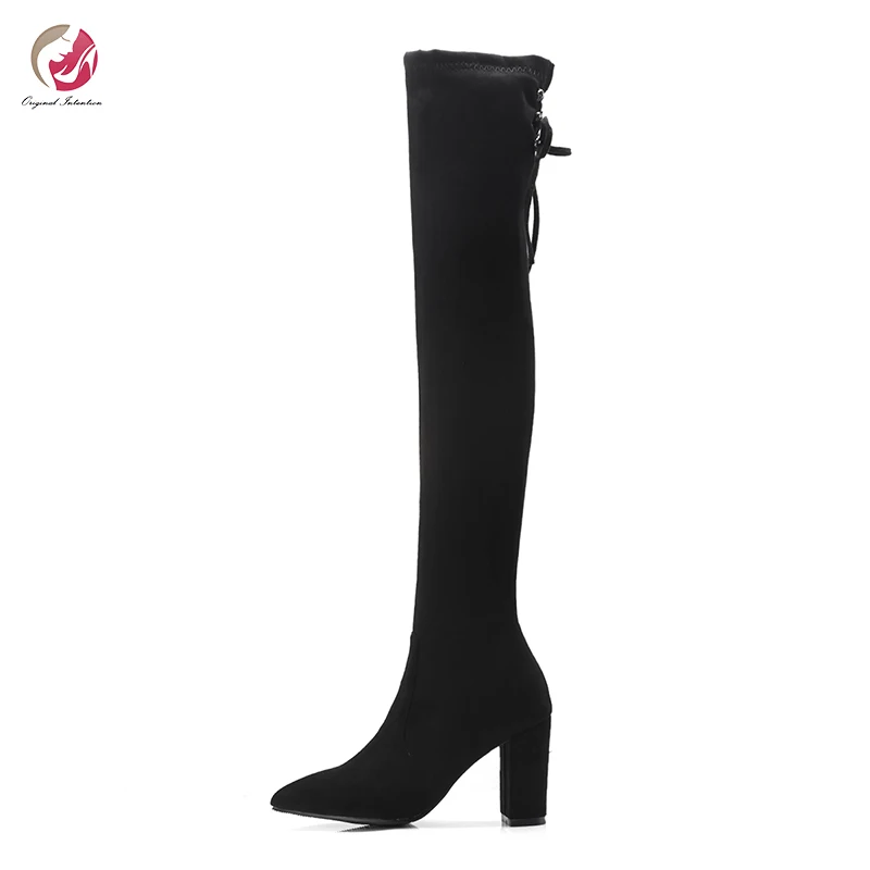 

Original Intention Stylish Over The Knee High Boots Black Flock Woman Thigh High Boots Chunky Heels Pointed Toe Sexy Shoes Woman