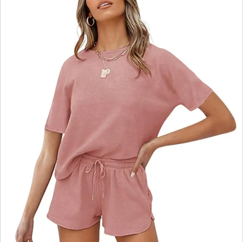 

2021 spring and summer new women's ribbed short-sleeved home service solid color casual two-piece suit short-sleeved shorts