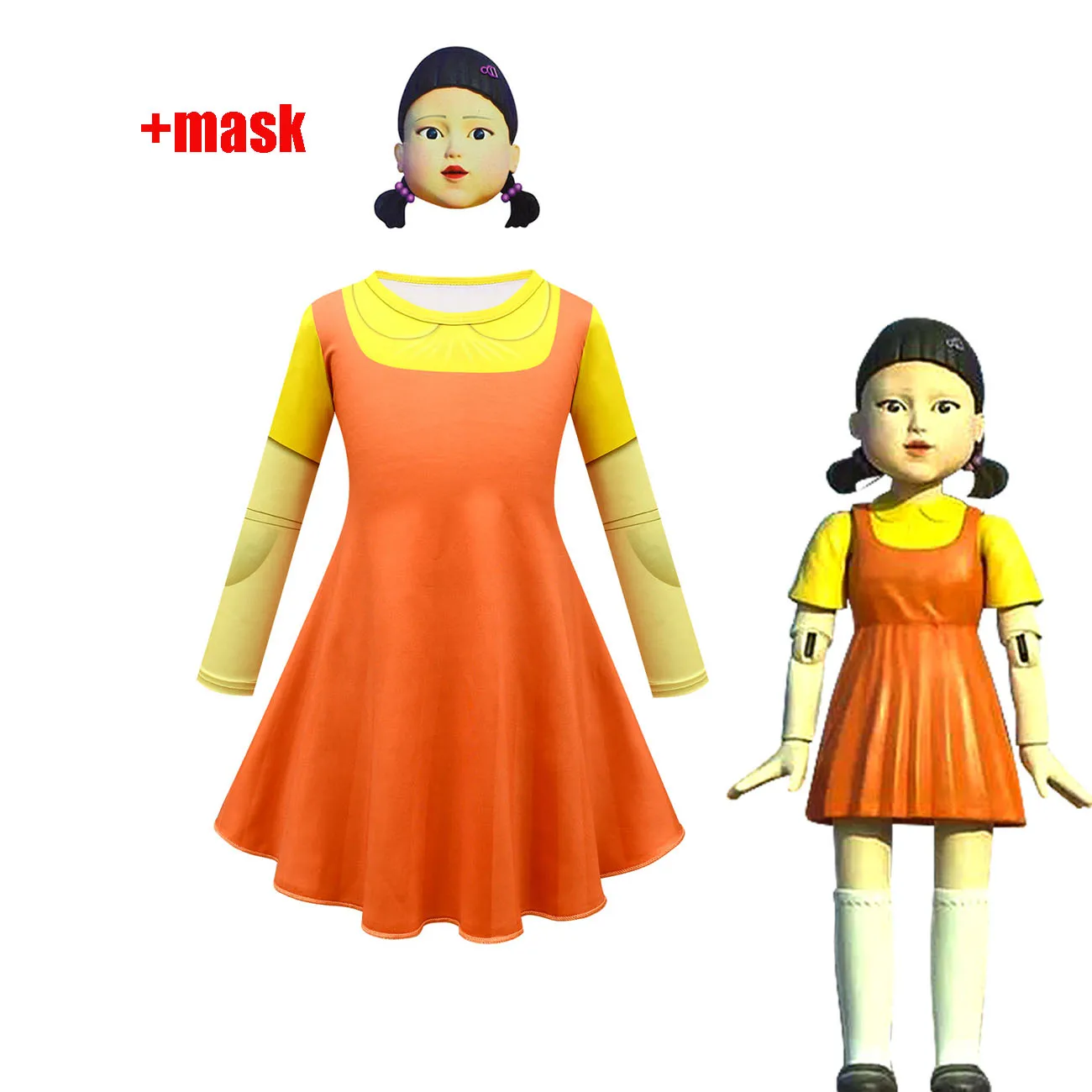 

Squid Game Kids Dress Costume Robot Doll Star Cosplay Girl Dress Halloween Fancy Full Sleeve 123 Wooden Man Party Clothing suit