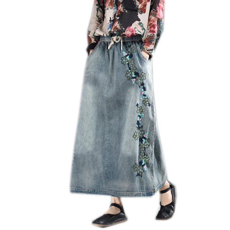 Women Denim Skirt Retro Vintage Fashion Long Loose Elastic Waist Embroidery Floral Print A09101369 | Женская одежда