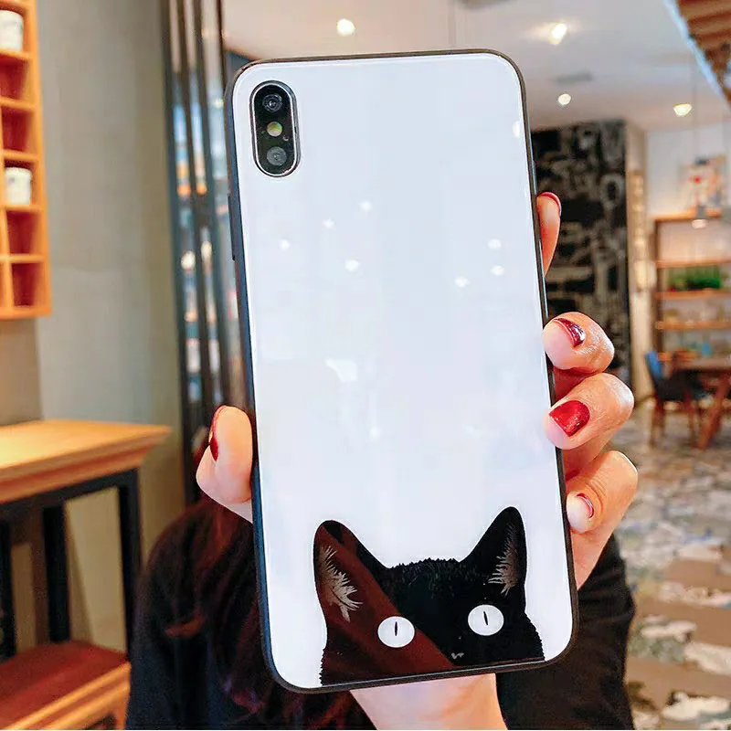 Чехол из закаленного стекла с милым мультяшным котом для iphone 11 Лот pro max xr xs X 7 8 6s 6 plus, силиконовый защитный чехол для влюбленных