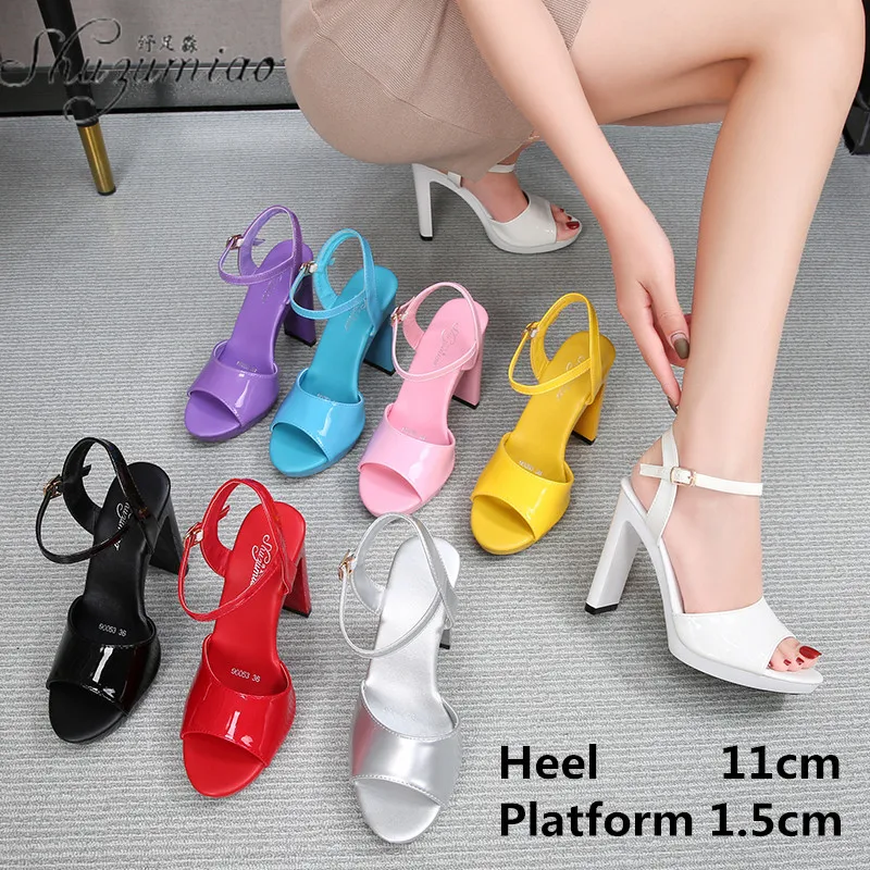 

Large Size Sweet Sexy Fish Mouth 11CM Super High Heel Sandals Feminine Patent Leather Word With Pole Dancing Shoes Women Summer
