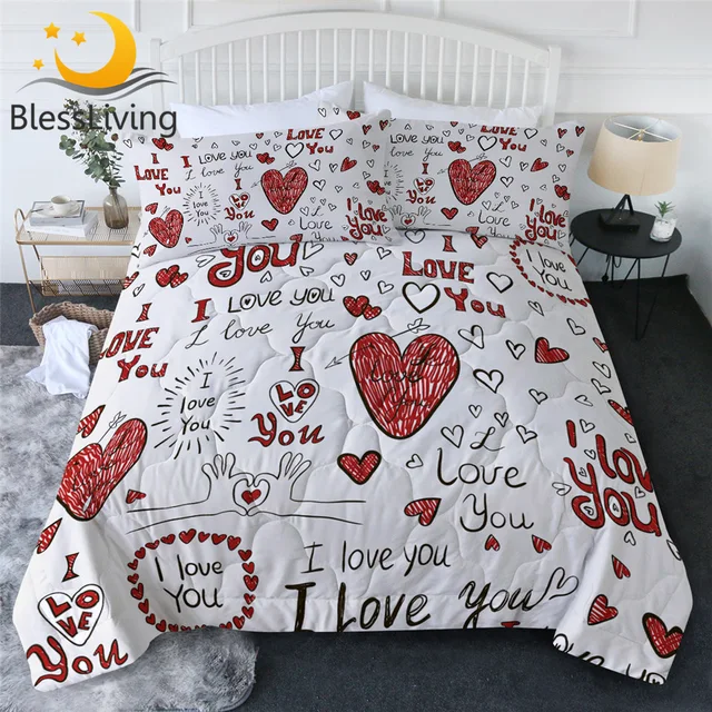 BeddingOutlet I Love You Summer Quilt Hearts Air-conditioning Comforter Set Red Lips Bedding Valentine Day Thin Duvet 3-Piece 1