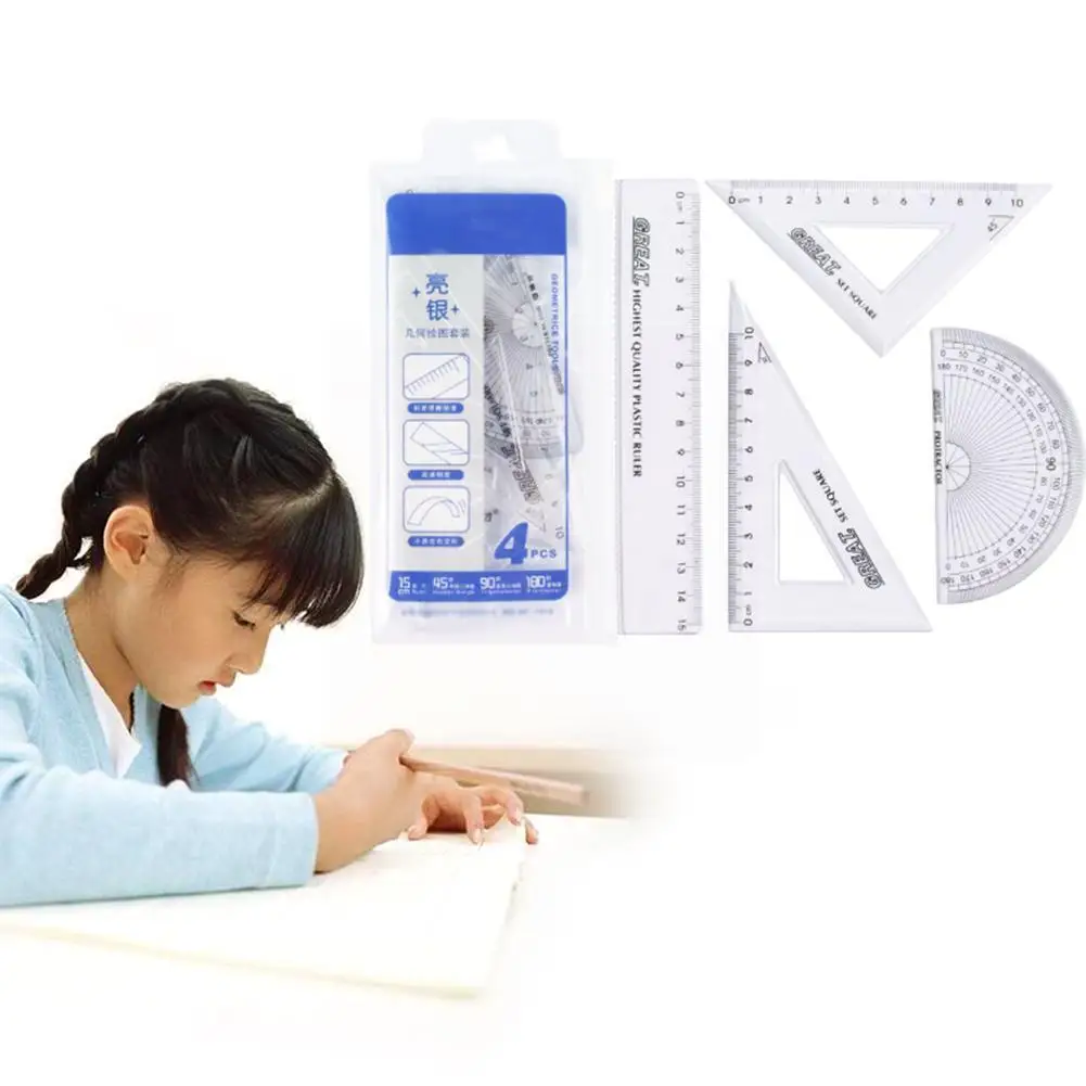 

4 In 1 Plastic Ruler Stationery Set Multifunctional Ruler Combination Drawing Ruler Protractor Tool B8h6