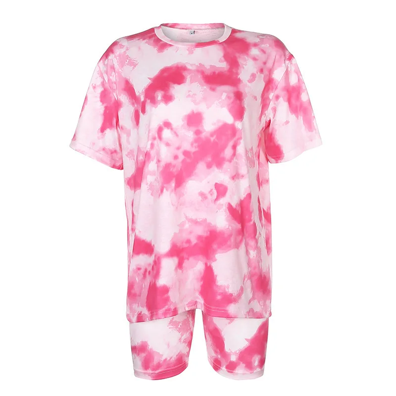 

2021 Women Set Summer Tie Dye Short Sleeve Top Shirt Loose And Biker Shorts Casual Two Piece Set Streetwear Outfits Tracksuits