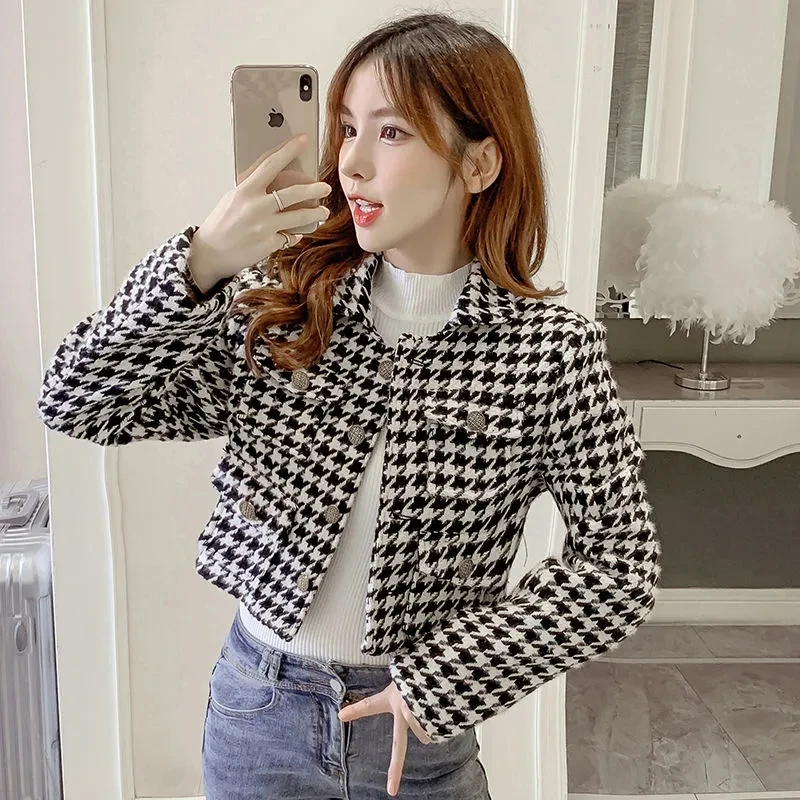 

Korean Fashion Houndstooth Cropped Jacket Women Streetwear Long Sleeve Short Woolen Coat Vintage Plaid Single Breasted Outerwear