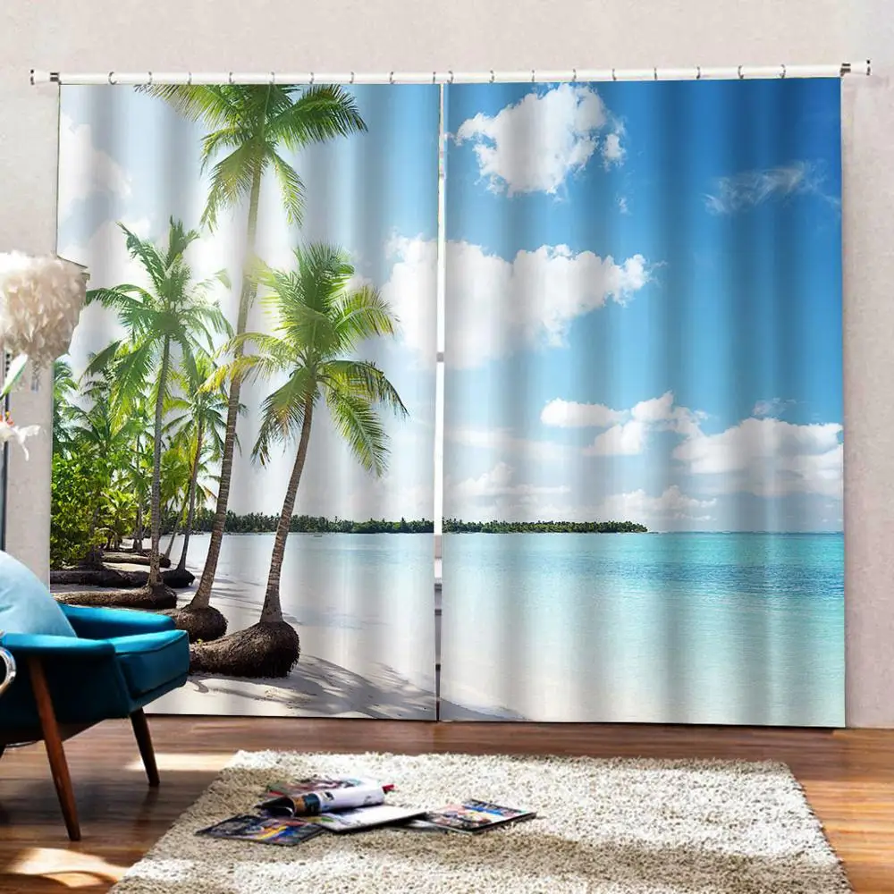 Blue Sea Landscape Beach Coconut Tree Curtain Digital Print For Living room Bedroom Window Drapes Indoor Decor 2 Panels Hooks | Дом и сад