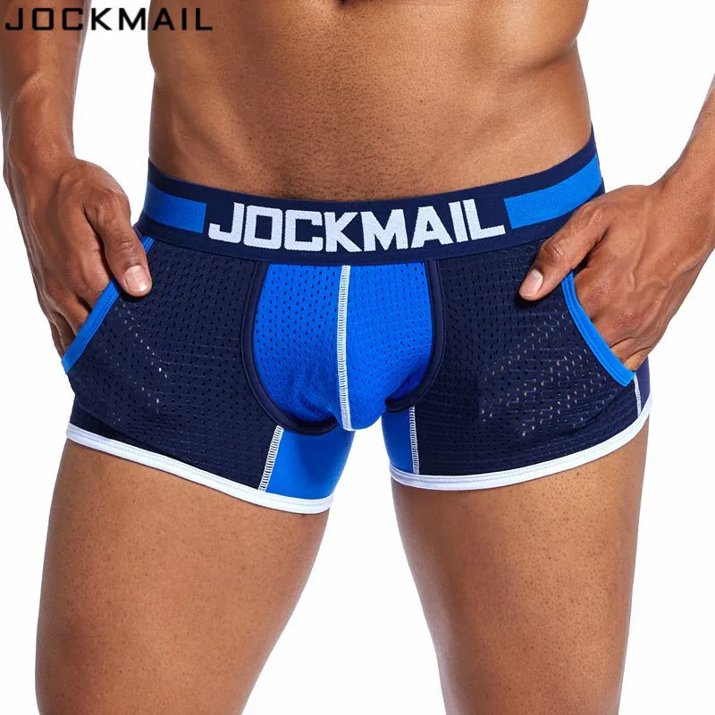 Jockсчmail, фирменное Мужское нижнее белье, боксеры, по бокам, сетчатые карманы, для геев, Cueca, боксеры, сексуальные, с полой сеткой, промежность, пенис, чашка, мужские трусы, шорты