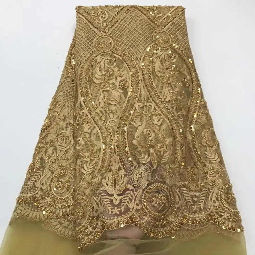 

(5yards/pc) High grade white African wedding tulle lace embroidered French net lace fabric with lots of tube beads FJY319