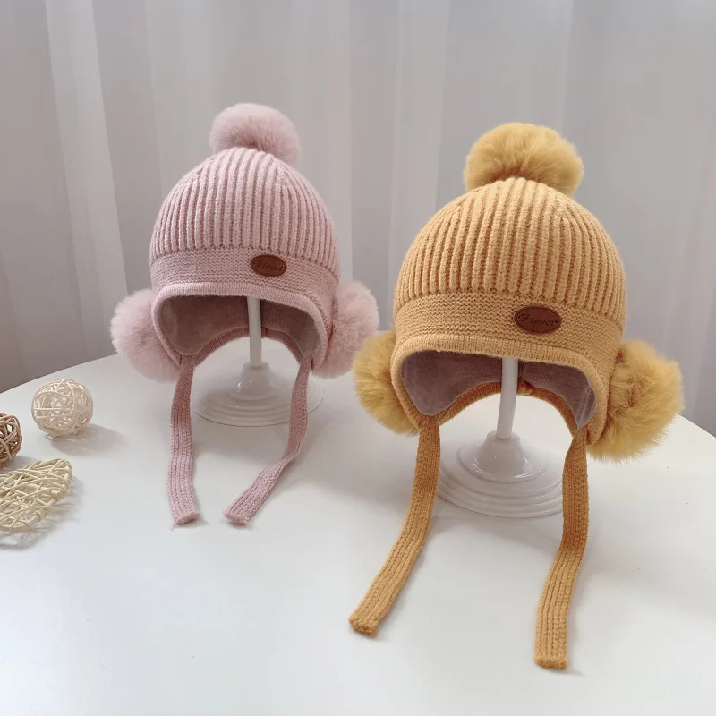

Autumn Winter 6-24Months Baby Hat Boys Ear Warm Hats Kids Girls Lovely Furry Balls Knitted Caps