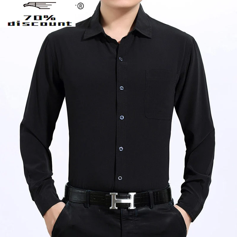 AYUNSUE200% Silk Summer Men Shirt White Black Long Sleeve Formal Mens Dress Shirts Plus Size Camisa Hombre 3400 KJ2945 | Мужская одежда