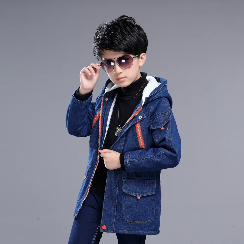 Джинсовая куртка для мальчиков с начесом капюшоном хлопковая теплая | Детская