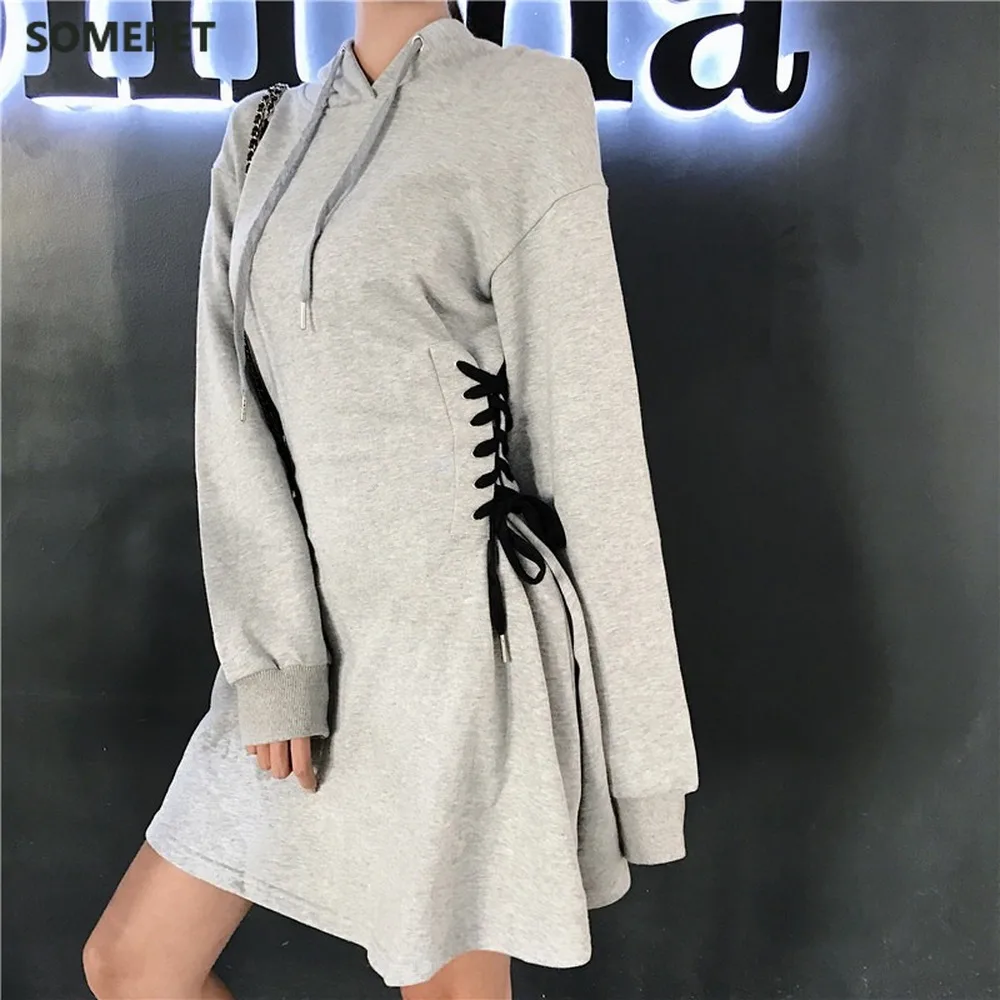 

Spring Hooded Dress Women Lace Up Waist Slim Black Gothic Dress Female Short Mini Harajuku Streetwear Vestidos