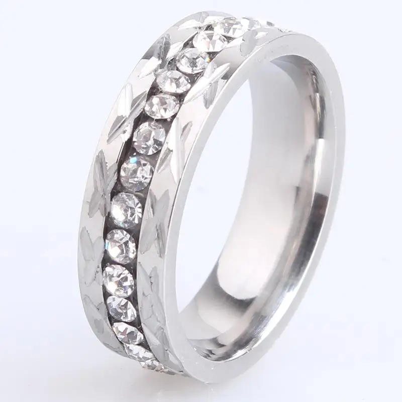 

6mm silver color plate engraving flower single row crystal 316L Stainless Steel finger rings for women men wholesale